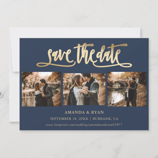 Modern Navy and Gold Wedding Photo Save The Date (Front)