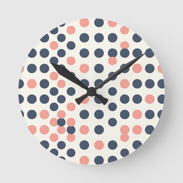 Modern Navy and Peach Geometric Polka Dot  Round Clock (Front)
