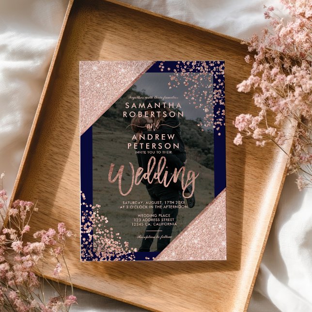 Modern Navy and Rose Gold Glitter Photo Wedding Invitation (Modern Navy and Rose Gold Glitter Photo Wedding Invitation)