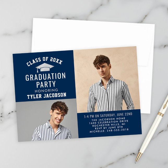Modern Navy and Silver Graduation Party Photo Invitation (Creator Uploaded)