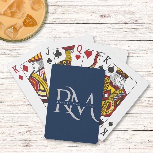 Modern Navy and Silver Initials Elegant Monogram Playing Cards (Mockup view)