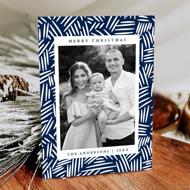Modern Navy and White Dashed Photo Holiday Card (Creator Uploaded)