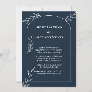 Modern Navy and White Leaf Wedding Invitation