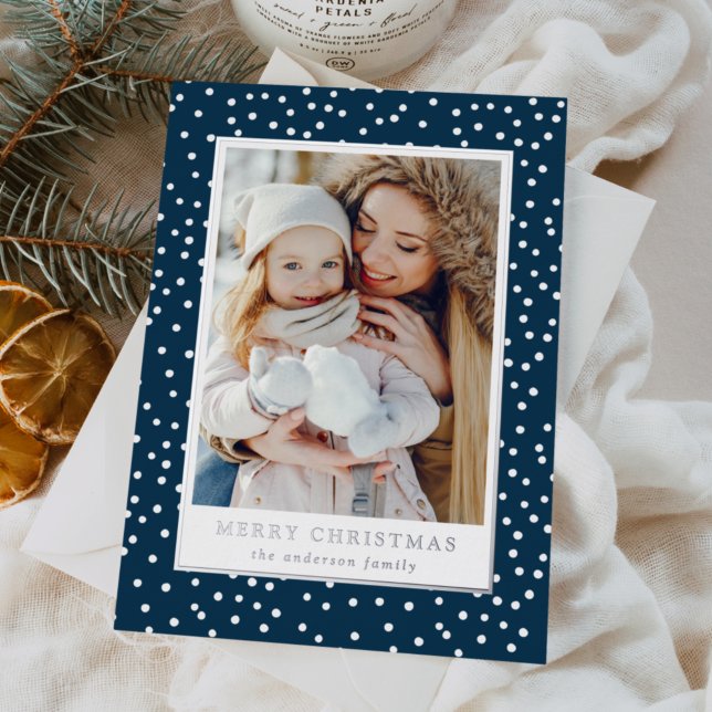 Modern Navy and White Snowballs 2 Photo Foil Holiday Card (Creator Uploaded)