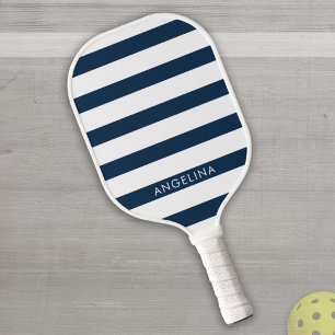 Modern Navy and White Striped Pattern Custom Name Pickleball Paddle
