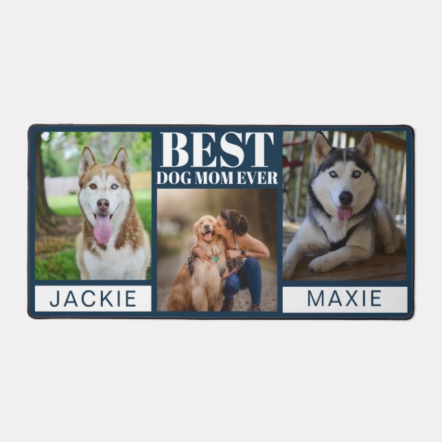 Modern Navy Best Dog Mum Ever 3 Photo Collage  Desk Mat (Front)