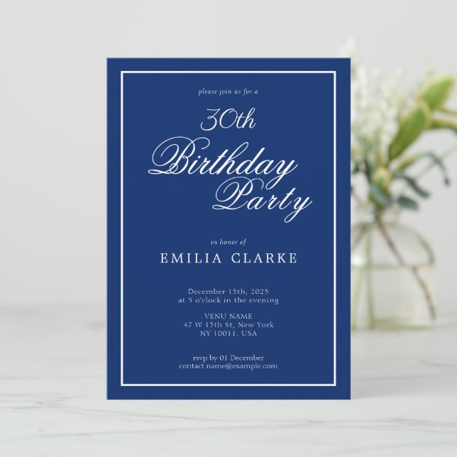 Modern Navy Birthday Party Invitations for Adults (Standing Front)