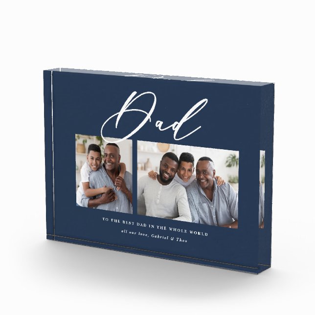 Modern navy blue 2 photo script dad elegant gift block (Right)