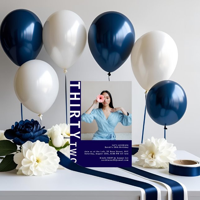 Modern Navy Blue 32nd Birthday Photo Invitation (Creator Uploaded)