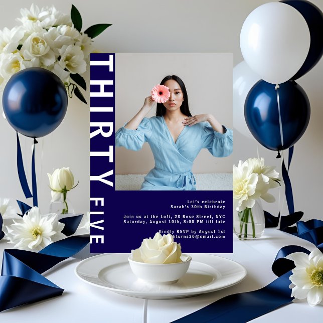 Modern Navy Blue 35th Birthday Photo Invitation (Creator Uploaded)