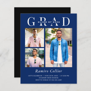Modern Navy Blue 3 Photo Graduation Invitation