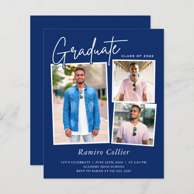 Modern Navy Blue 3 Photo Graduation Invitation (Front/Back)