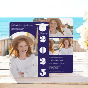 Modern Navy Blue 4 photos Graduation Invitation