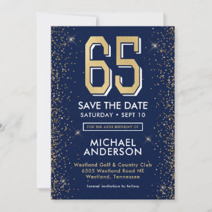 Modern Navy Blue 65th Birthday  Save The Date