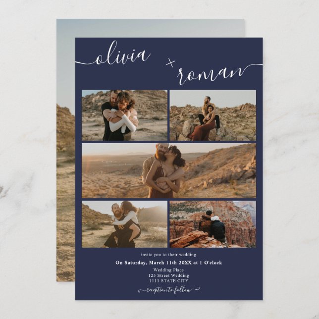 Modern navy blue 6 photos grid collage wedding invitation (Front/Back)