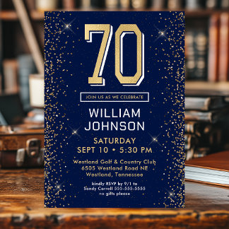 Modern Navy Blue 70th Birthday Photo Invitation