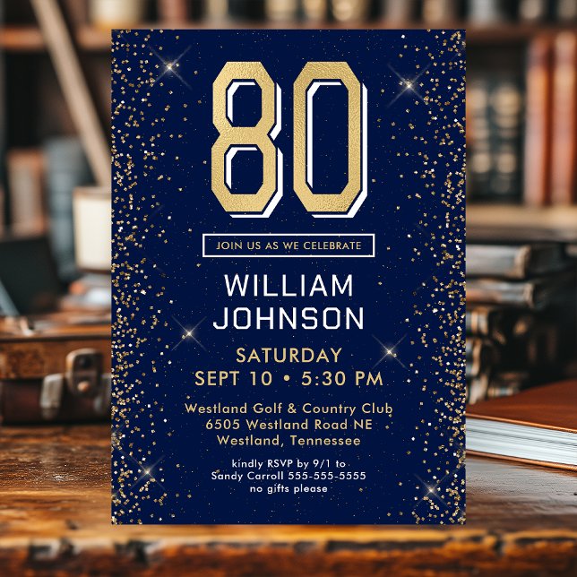 Modern Navy Blue 80th Birthday Photo Invitation (Creator Uploaded)