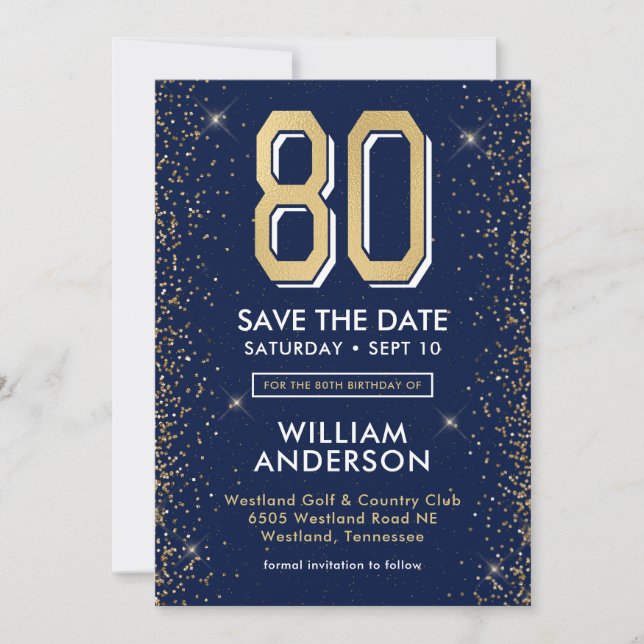 Modern Navy Blue 80th Birthday  Save The Date (Front)