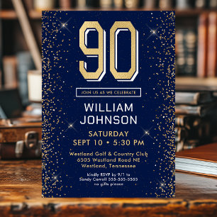 Modern Navy Blue 90th Birthday Invitation