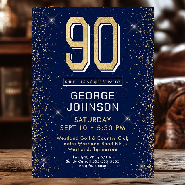 Modern Navy Blue 90th Birthday Photo Invitation (Creator Uploaded)