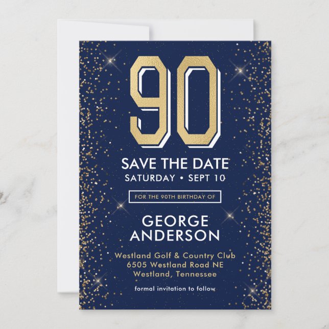 Modern Navy Blue 90th Birthday  Save The Date (Front)