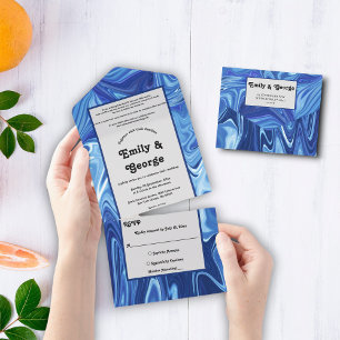 Modern Navy Blue Abstract Oil Painting Wedding All In One Invitation