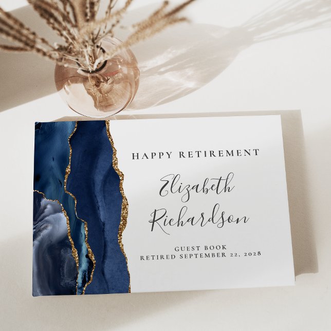 Modern Navy Blue Agate Gold Script Retirement Guest Book (Creator Uploaded)