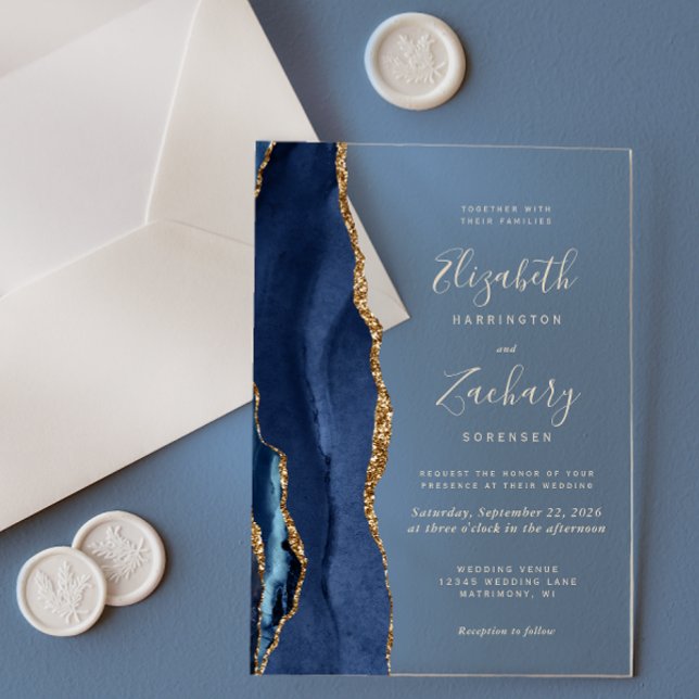 Modern Navy Blue Agate Gold Text Wedding Acrylic Invitations (Creator Uploaded)