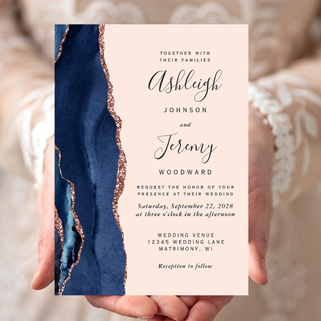 Modern Navy Blue Agate Rose Gold Blush Wedding Invitation (Creator Uploaded)