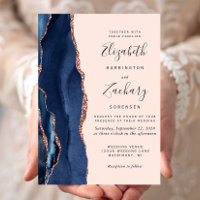 Modern Navy Blue Agate Rose Gold Blush Wedding