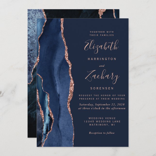 Modern Navy Blue Agate Rose Gold Wedding Invitation (Front/Back)
