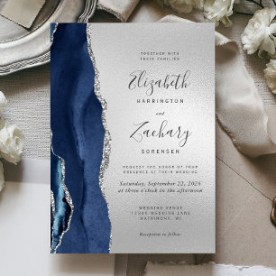 Modern Navy Blue Agate Silver Wedding Invitation