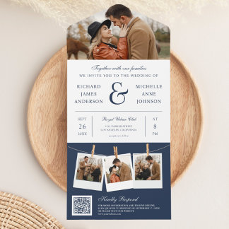 Modern Navy Blue Ampersand Photo QR Code Wedding All In One Invitation