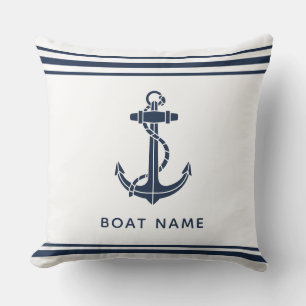 Modern Navy Blue Anchor Boat Name Custom Cushion