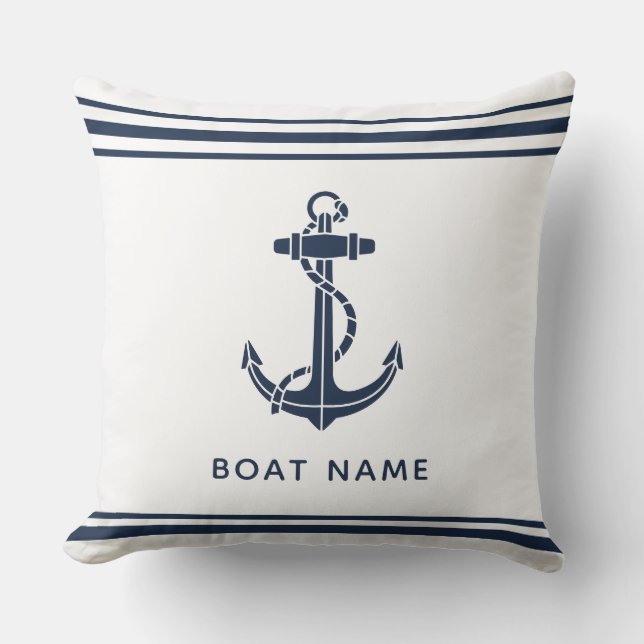 Modern Navy Blue Anchor Boat Name Custom Cushion (Front)