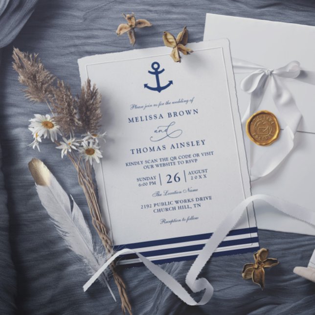 Modern Navy Blue Anchor Nautical QR Code Wedding Invitation (Creator Uploaded)