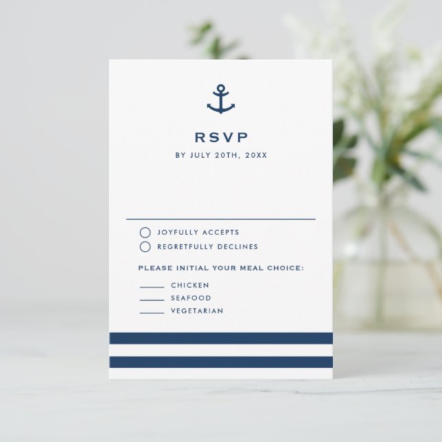 Modern Navy Blue Anchor Nautical Wedding RSVP Card (Standing Front)