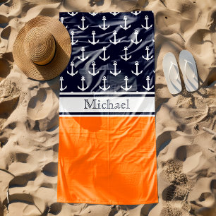 Modern Navy Blue Anchor Pattern Name Nautical Beach Towel