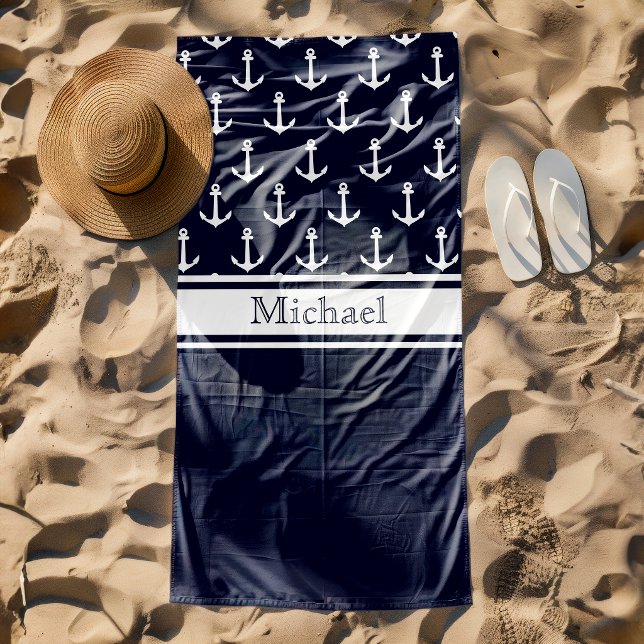 Modern Navy Blue Anchor Pattern Name Nautical Beach Towel (Creator Uploaded)