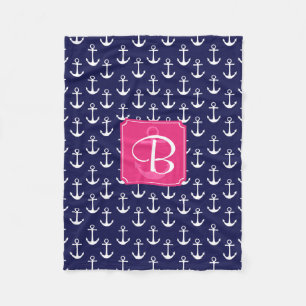 Modern Navy Blue Anchors Pattern Personalised Fleece Blanket