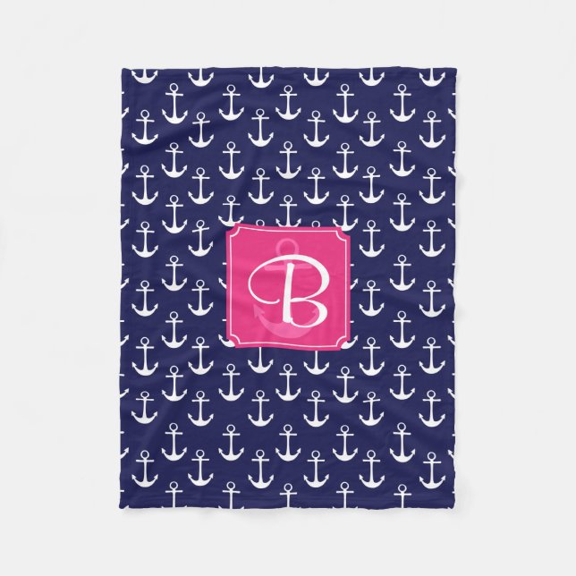 Modern Navy Blue Anchors Pattern Personalised Fleece Blanket (Front)