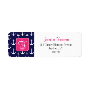 Modern Navy Blue Anchors Pattern Personalised Return Address Label