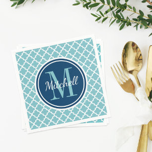Modern Navy Blue and Aqua Quatrefoil Monogram Napkin