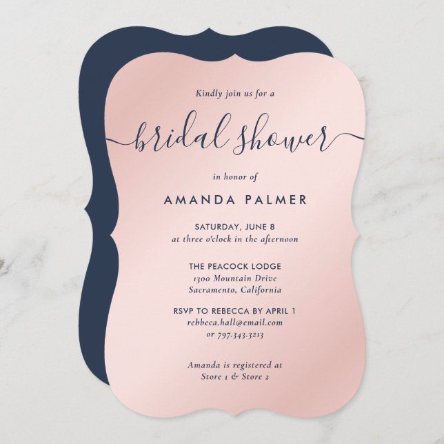 Modern Navy Blue and Blush Bridal Shower Invitation (Front/Back)
