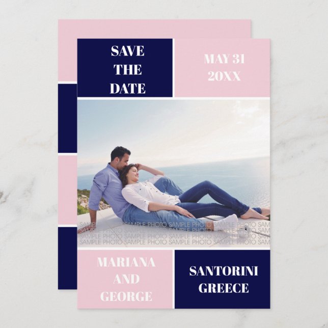Modern navy blue and blush colour block wedding save the date (Front/Back)