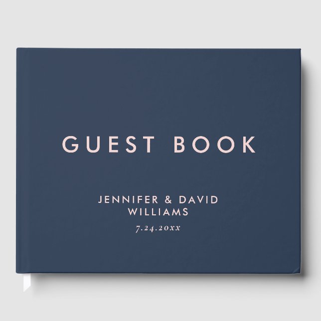 Modern Navy Blue and Blush Monogram Wedding Guest Book (Front)