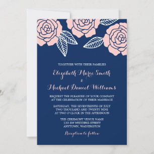 Modern Navy Blue and Blush Pink Rose Wedding Invitation