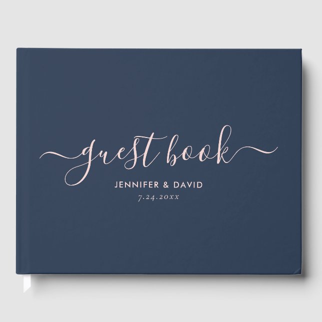 Modern Navy Blue and Blush Script Wedding Guest Book (Front)