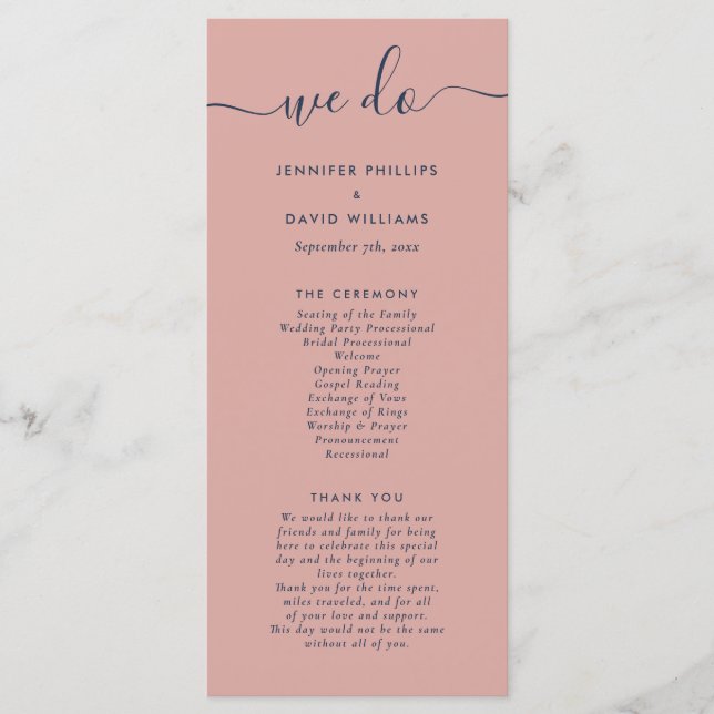 Modern Navy Blue and Blush We Do Wedding Program (Front)