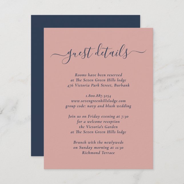 Modern Navy Blue and Blush Wedding Enclosure Card (Front/Back)